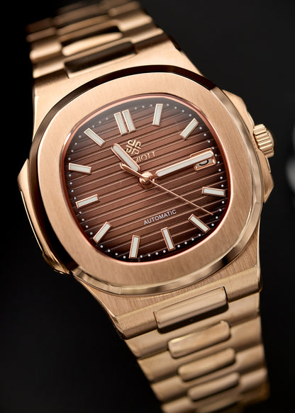 The Heritage - ceas automatic personalizat auriu roz, cadran maro cu linii orizontale, brățară asortată